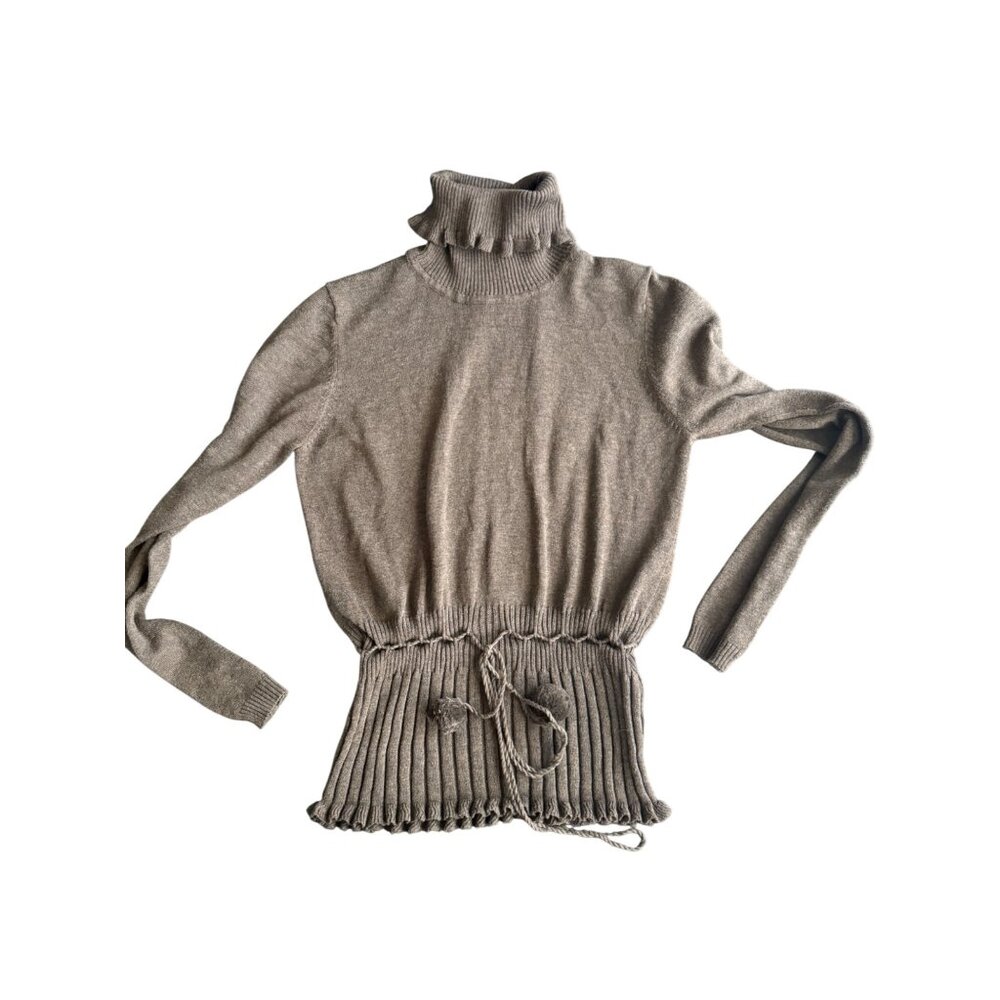 Kik-It Womens Brown Knit Turtleneck Sweater With Drawstring Waist & Ribbed Hem N